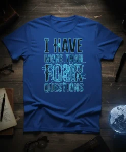 I Have More Than Four Questions t-shirt with circuit board design and blue neon text