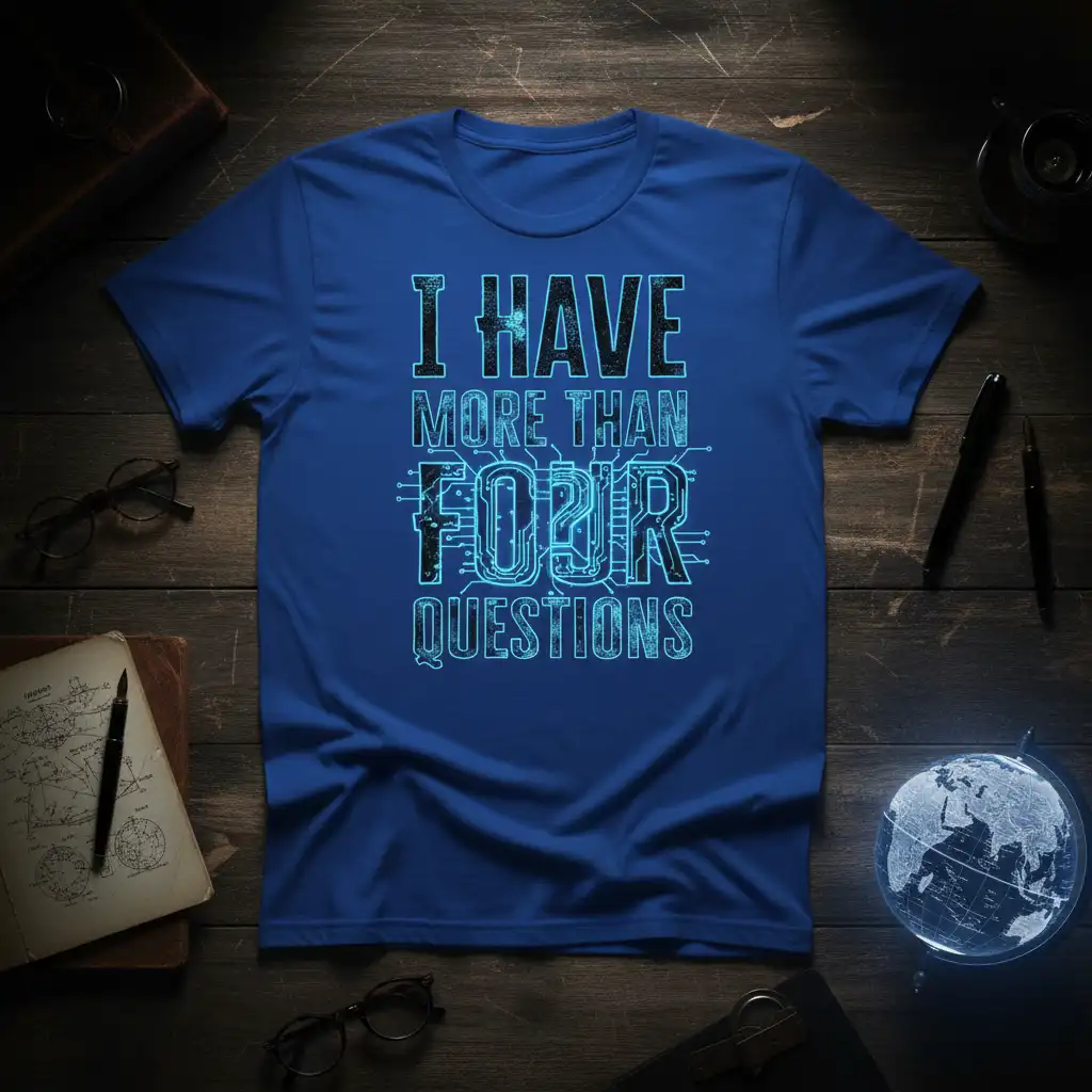 I Have More Than Four Questions quote with circuit board graphic on a blue t-shirt