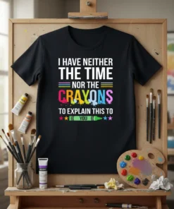I Have Neither The Time Nor The Crayons To Explain This To You quote on a black t-shirt, with colorful