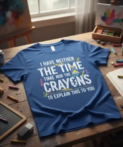 T-shirt with the quote "I Have Neither The Time Nor The Crayons To Explain This To You" in white and