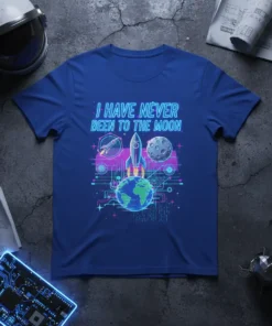 I Have Never Been To The Moon quote t-shirt with a rocket launching from Earth towards the moon, featuring neon