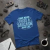 Blue t-shirt with the quote "I HAVE NEVER FAKED A SARCASTIC IN MY LIFE" in glowing blue circuit board-like font