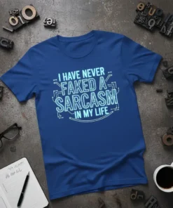 Blue t-shirt with the quote "I HAVE NEVER FAKED A SARCASTIC IN MY LIFE" in glowing blue circuit board-like font