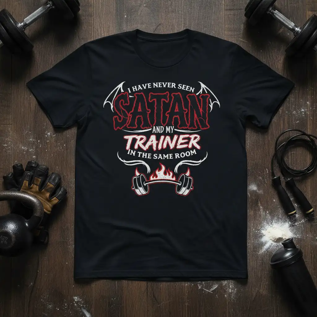 I Have Never Seen Satan And My Trainer In The Same Room quote on a black t-shirt with gym graphics