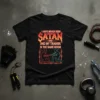 I Have Never Seen Satan And My Trainer In The Same Room quote on a black t-shirt, featuring graphic of