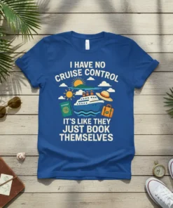 T-shirt with "I Have No Cruise Control It's Like They Just Book Themselves" text, featuring a cruise ship, passport, suitcase