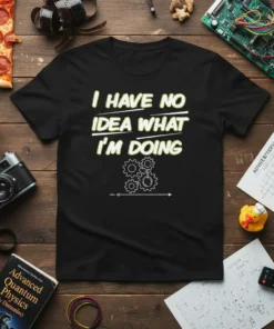 Black t-shirt with "I Have No Idea What I'm Doing" in white and yellow text, featuring gear graphics