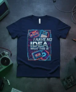 I HAVE NO IDEA WHAT THIS IS text with retro tech graphics including cassette tapes and floppy disk on a