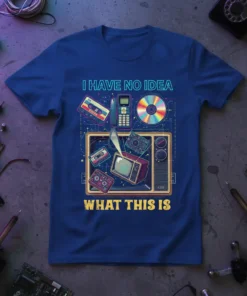 I HAVE NO IDEA WHAT THIS IS quote with vintage electronics like cassette tapes, rotary phone, and CRT TV on