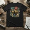 T-shirt with "I Have No Idea What This Is." text surrounded by vintage technology like a cassette tape, rotary phone