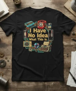 T-shirt with "I Have No Idea What This Is." text surrounded by vintage technology like a cassette tape, rotary phone