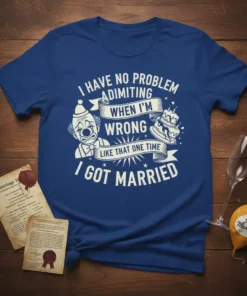 Funny t-shirt with white text "I have no problem admitting when I'm wrong like that one time I got married"