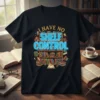 Black t-shirt with "I Have No Shelf Control" text above a colorful bookshelf graphic