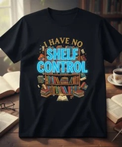 Black t-shirt with "I Have No Shelf Control" text above a colorful bookshelf graphic