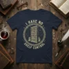 I Have No Shelf Control quote on a navy t-shirt with a graphic of a full bookshelf in a circular