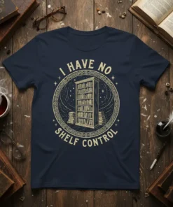 I Have No Shelf Control quote on a navy t-shirt with a graphic of a full bookshelf in a circular