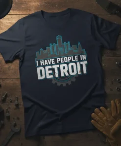 I Have People In Detroit T-Shirt with skyline graphic and gear detail