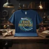 Navy blue t-shirt with "I HAVE POTENTIAL" in gold, surrounded by a circular abstract design of blue and white lines