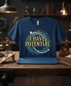 Navy blue t-shirt with "I HAVE POTENTIAL" in gold, surrounded by a circular abstract design of blue and white lines