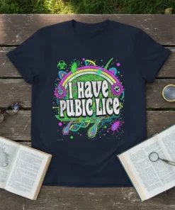 T-shirt with the bold white text "I HAVE PUBIC LICE" surrounded by colorful, psychedelic graphics of bugs and DNA strands