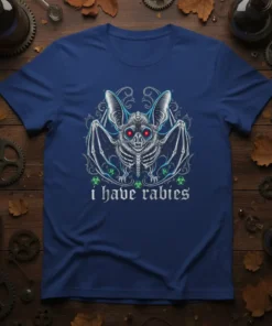 I Have Rabies t-shirt with a detailed bat skeleton graphic and glowing red eyes