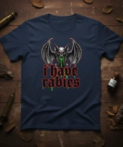 I have rabies t-shirt design with a skeleton bat and dripping green text, Halloween spooky theme