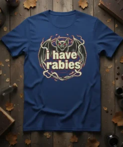 I Have Rabies t-shirt design with a menacing bat and gothic typography, perfect for Halloween lovers