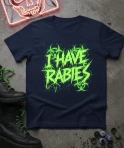 Navy blue t-shirt with bright neon green "I HAVE RABIES" text and biohazard symbols
