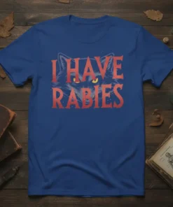 I Have Rabies text overlaying a spooky wolf face with glowing yellow eyes, printed on a royal blue t-shirt