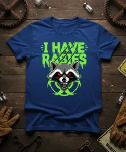 I Have Rabies Raccoon graphic tee featuring a fierce raccoon face with red eyes and biohazard symbol in neon green