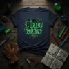 I have rabies text with a fierce wolf head graphic in neon green and purple on a navy t-shirt