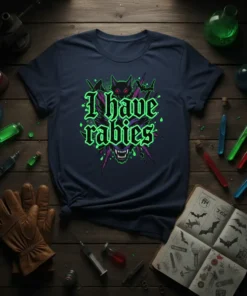I have rabies text with a fierce wolf head graphic in neon green and purple on a navy t-shirt