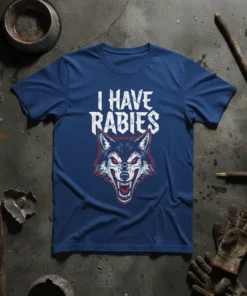 I HAVE RABIES text with a fierce wolf graphic, bold white lettering, red and white accents on a navy blue