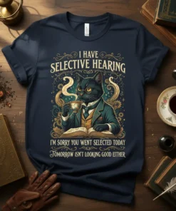 Black cat in a suit drinking tea with text "I Have Selective Hearing" and a humorous quote about tomorrow