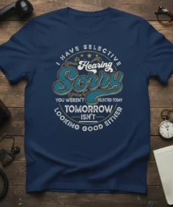 Navy t-shirt with vintage style text "I Have Selective Hearing Sorry You Weren't Selected Today Tomorrow Isn't Looking Good Either"