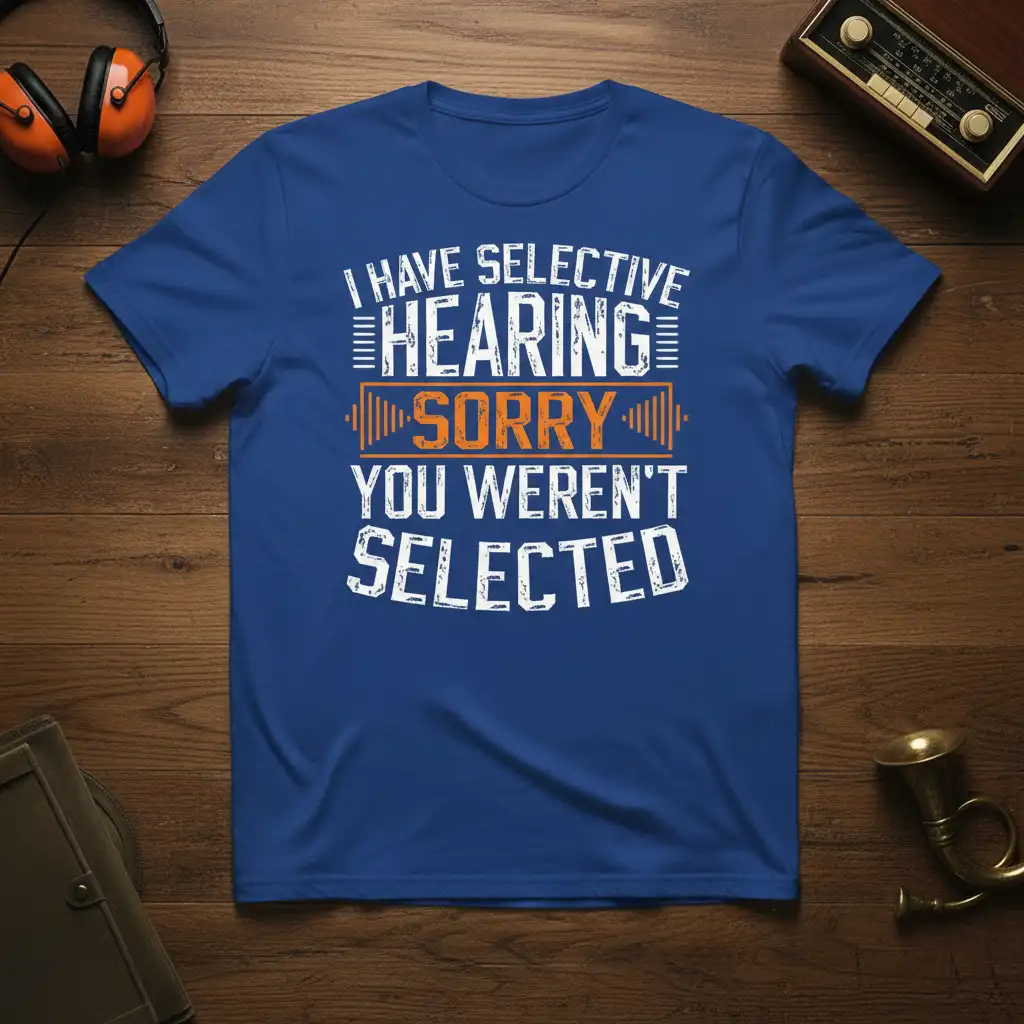 I Have Selective Hearing Sorry You Weren't Selected quote on blue t-shirt with bold distressed white and orange lettering