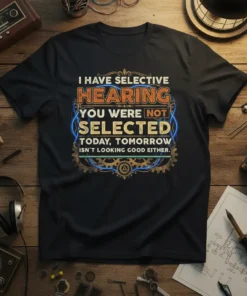 Quote "I Have Selective Hearing You Were Not Selected Today, Tomorrow Isn't Looking Good Either" on a black t-shirt with