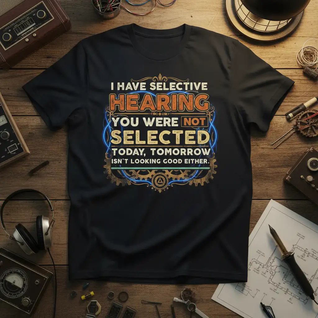 I Have Selective Hearing You Were Not Selected quote design with gears and decorative elements on a black tee