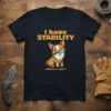 Black t-shirt featuring a corgi with a knife in its mouth and the text "I have STABILITY ability to stab"