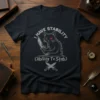 Black t-shirt with "I HAVE STABILITY (Ability To Stab)" text and a drawing of a black cat holding a knife