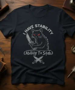 Black t-shirt with "I HAVE STABILITY (Ability To Stab)" text and a drawing of a black cat holding a knife