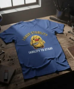 I Have Stability (Ability to Stab) funny chicken meme t-shirt design in yellow and white text with a blue shirt