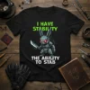 Robot bunny with glowing red eyes holding a sword, text reads "I HAVE STABILITY THE ABILITY TO STAB" on a