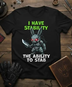 Robot bunny with glowing red eyes holding a sword, text reads "I HAVE STABILITY THE ABILITY TO STAB" on a