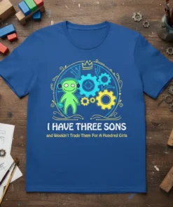 I HAVE THREE SONS and Wouldn't Trade Them For A Hundred Girls quote on a blue t-shirt with a green