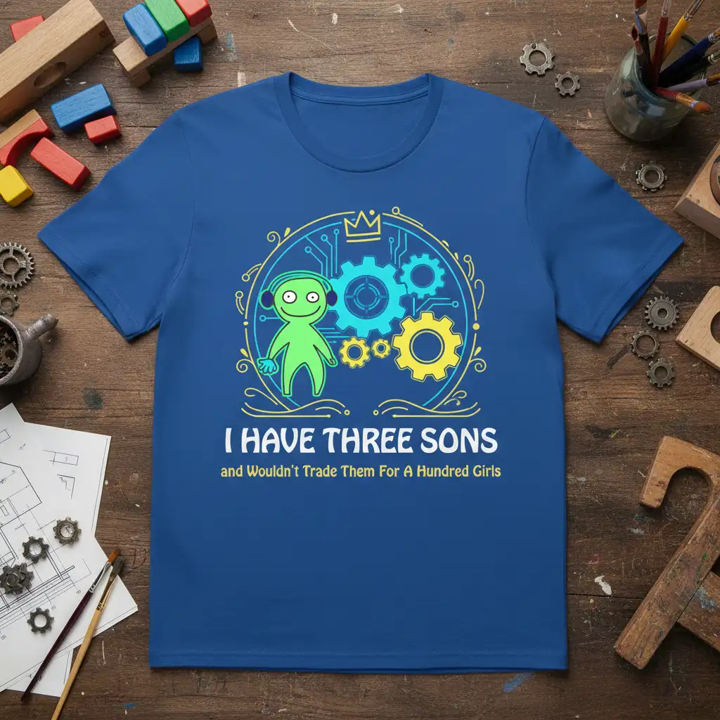 I HAVE THREE SONS and Wouldn't Trade Them For A Hundred Girls text on a blue shirt with cartoon character and gear