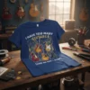I Have Too Many Guitars quote with illustrations of various guitars on a blue t-shirt