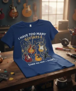 I Have Too Many Guitars quote with illustrations of various guitars on a blue t-shirt