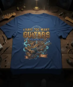 I Have Too Many Guitars Said No One Ever text on a blue t-shirt with a steampunk-style guitar graphic