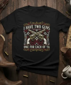 Black t-shirt with "I Have Two Guns One For Each Of Ya" text and crossed vintage revolvers graphic